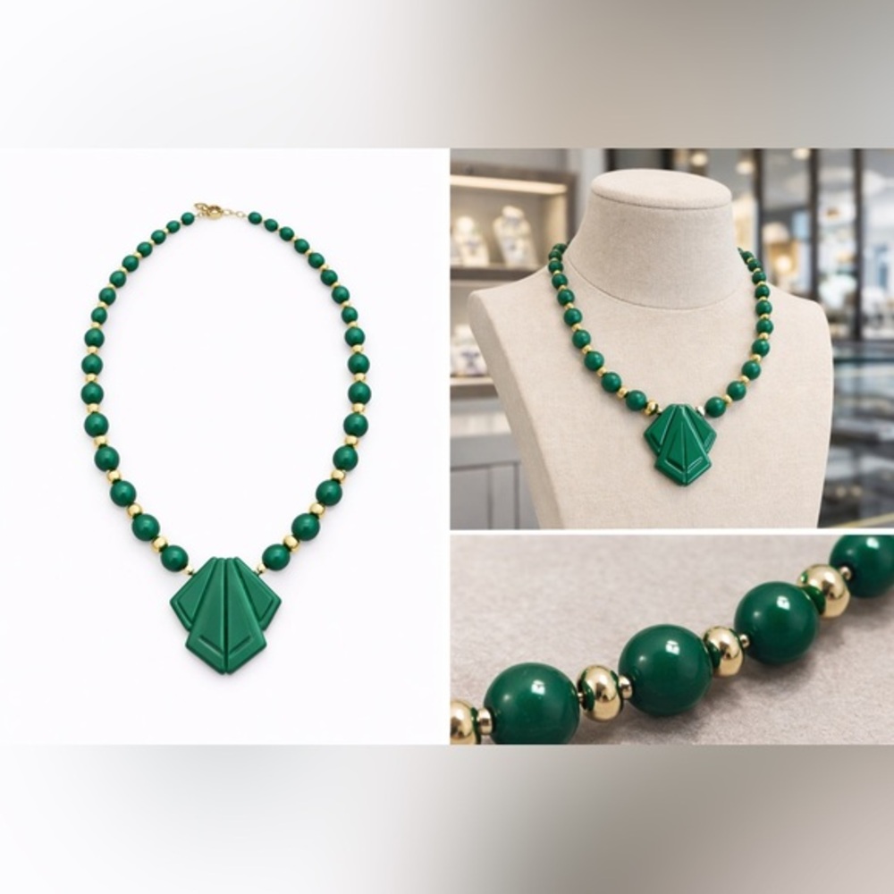 💚 Emerald Green & Gold Beaded Art Deco Statement Necklace 💛